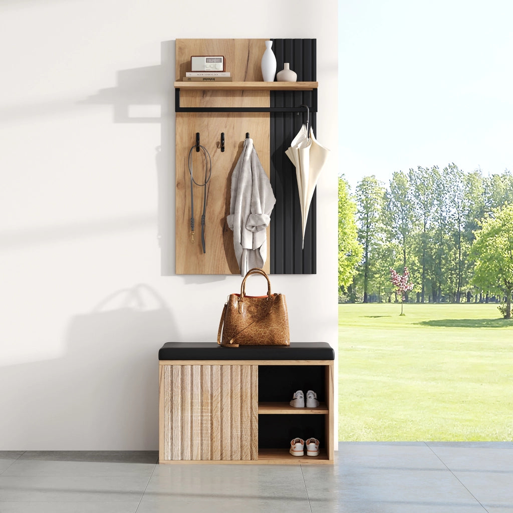Mobile ingresso con scarpiera a 2 ante, 3 ganci e panca imbottita, 70 x 36 x 146 cm, nero e naturale