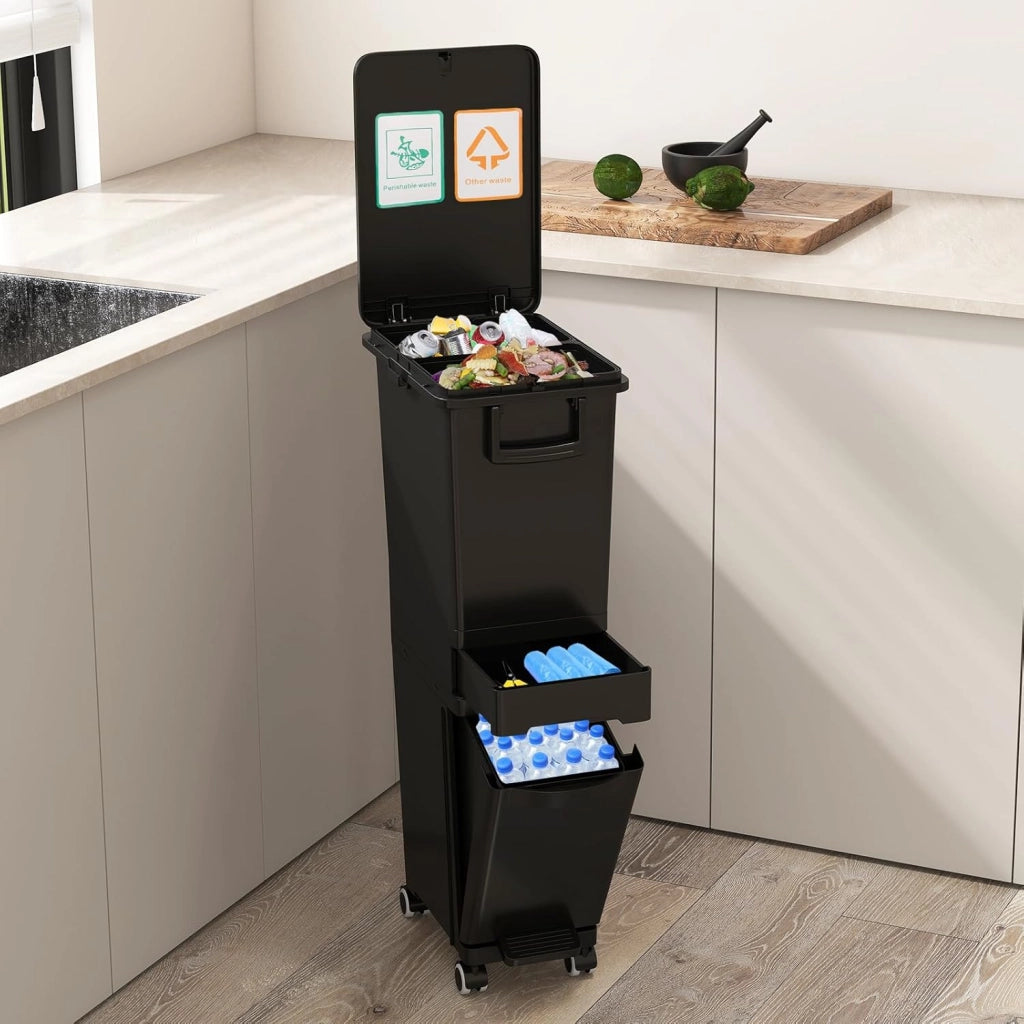 Pattumiera Tri Selectif da 32L per Cucina, 3-in-1 con 2 Contenitori Estraibili, Cassetti, Pedale e Ruote, Include Adesivi per Raccolta Rifiuti (Rosa)