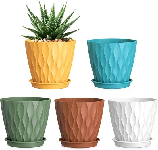 Set di 5 Vasi per Piante 6 Pollici | Vasi in Plastica con Fessure di Drenaggio e Disco | per Piante da Interno e Esterno | Colorati