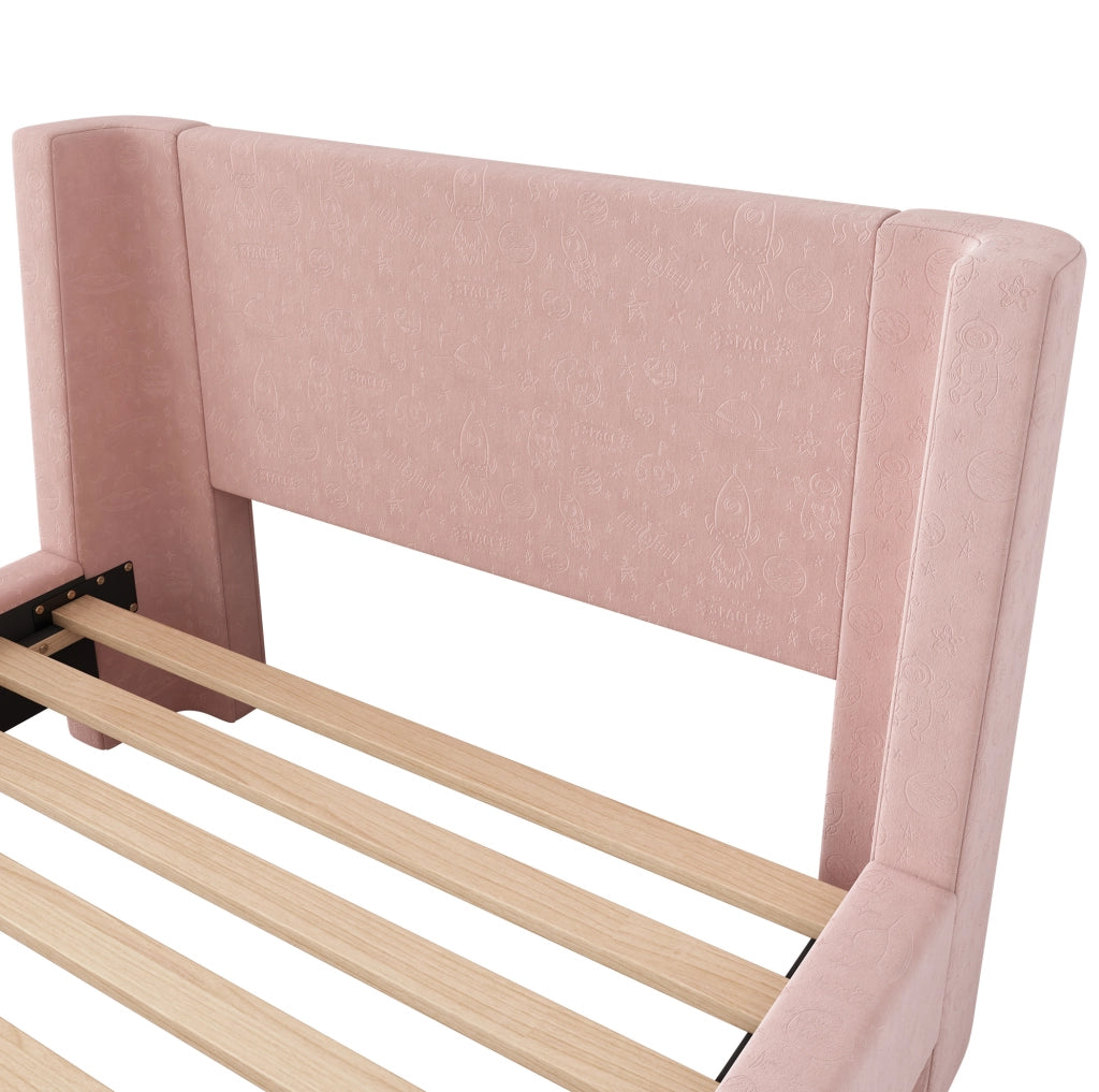 Letto singolo a slitta 90x200 cm in velluto rosa con motivo spaziale; per cameretta bambini