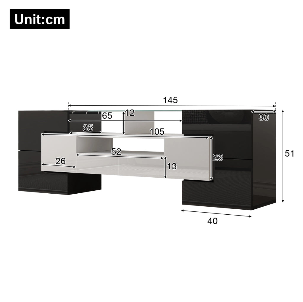 Mobile TV moderno con LED multicolore; 145 cm; bianco lucido e nero