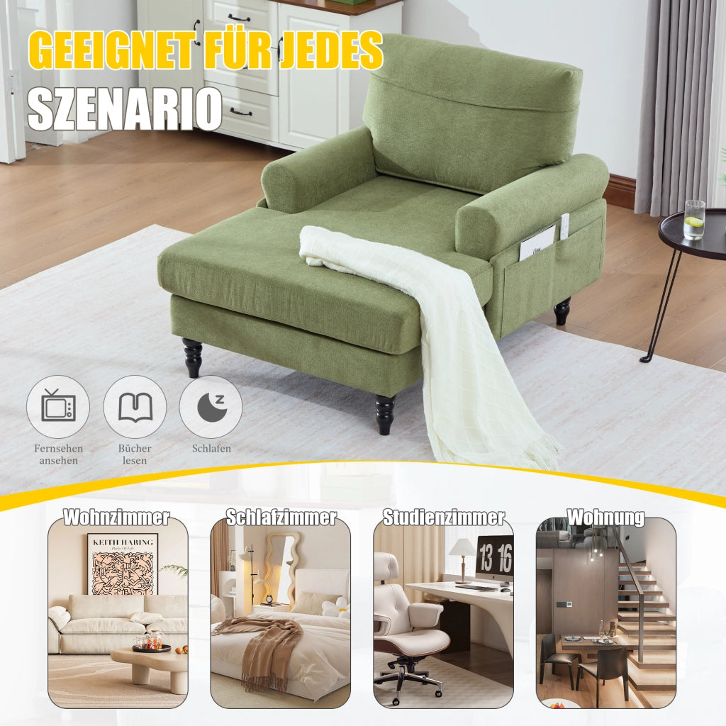 Poltrona con Tasche Laterali e Schienale Confortevole per Soggiorno o Camera in Ciniglia Verde Oliva