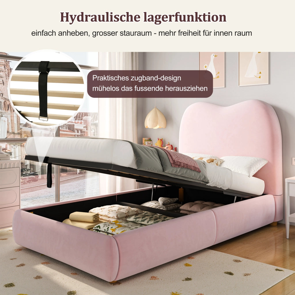 Letto Contenitore per Bambini 90 x 200 cm - Testiera Imbottita e Velluto - Rosa