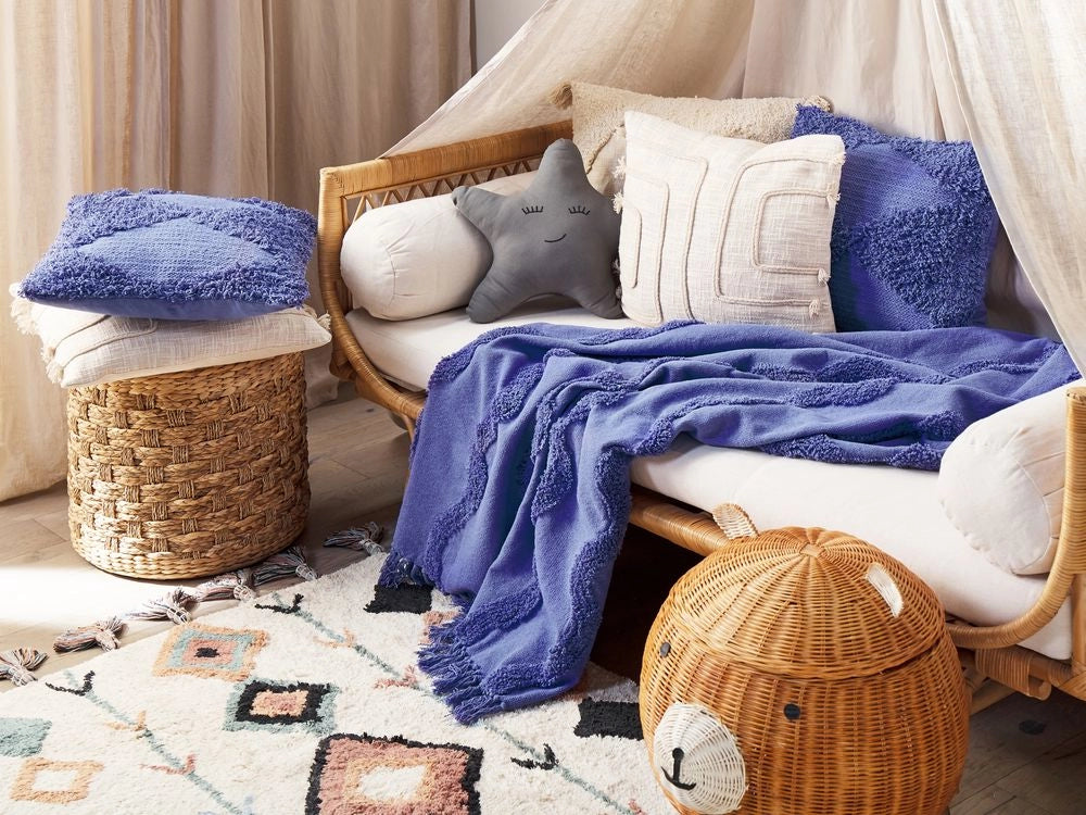 Coperta in cotone viola con frange e motivo geometrico 125 x 150 cm stile boho soggiorno camera da letto accessorio divano