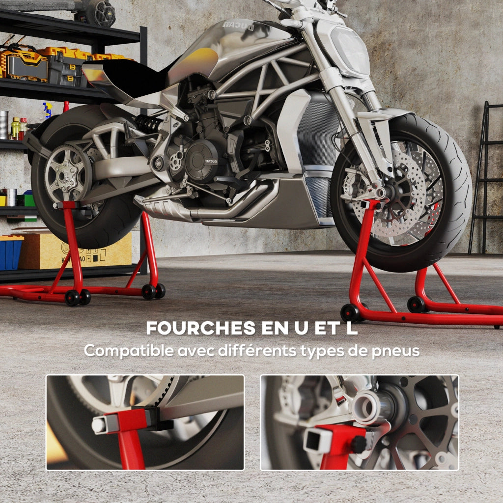 Cavalletto Posteriore Moto 150 kg ¨C Xylo ¨C Acciaio Rosso con Forche Regolabili U & L per Manutenzione