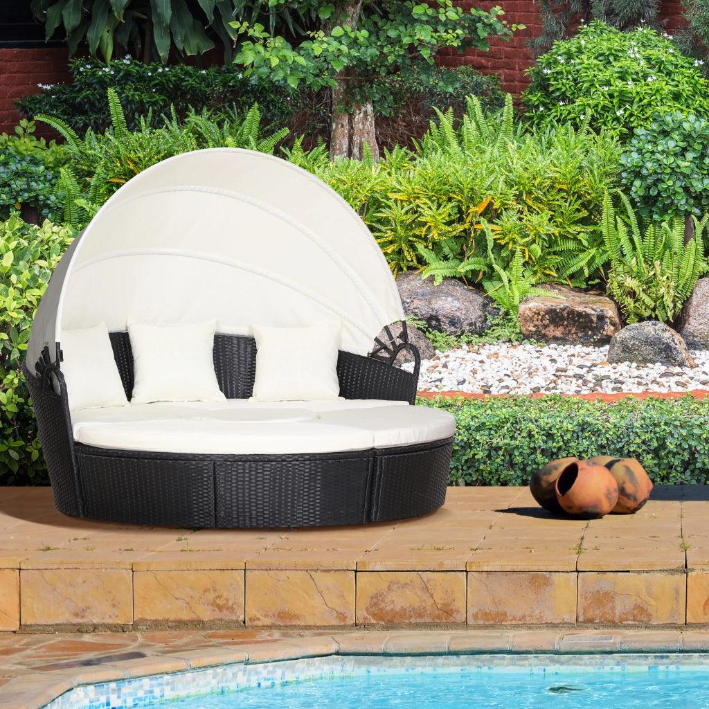 Set 4 Pzi Divano Circolare da Giardino, Mobili Componibili Rattan Nero, Tettuccio e Cuscini Beige 180x175x147cm