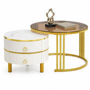 TAVOLINO DA CAFFÈ ROTONDO 70x70x45 + 50x50x40 cm Bianco Vetro MDF Set 2 pezzi