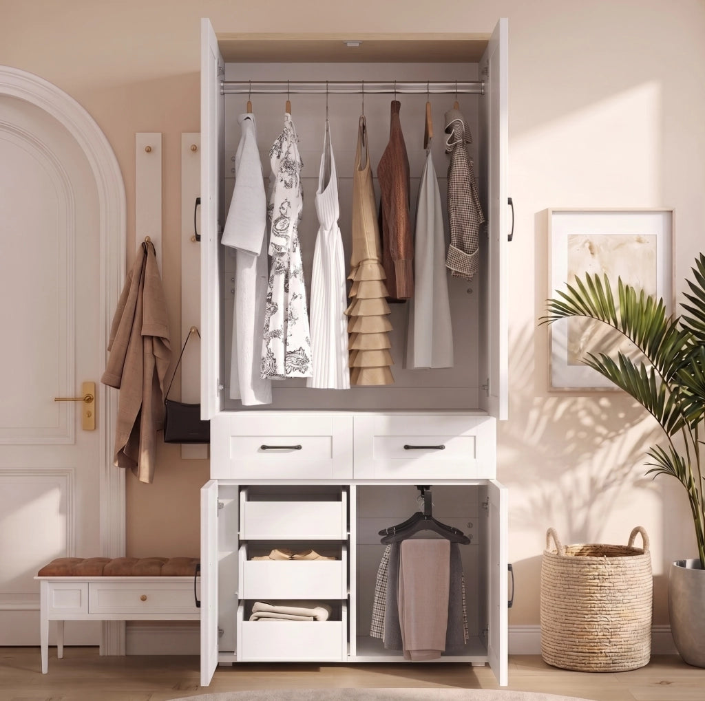 Armadio ULEVR 90x50x200 cm con 4 ante, 5 cassetti e 2 barre appendiabiti, MDF bianco stile rustico