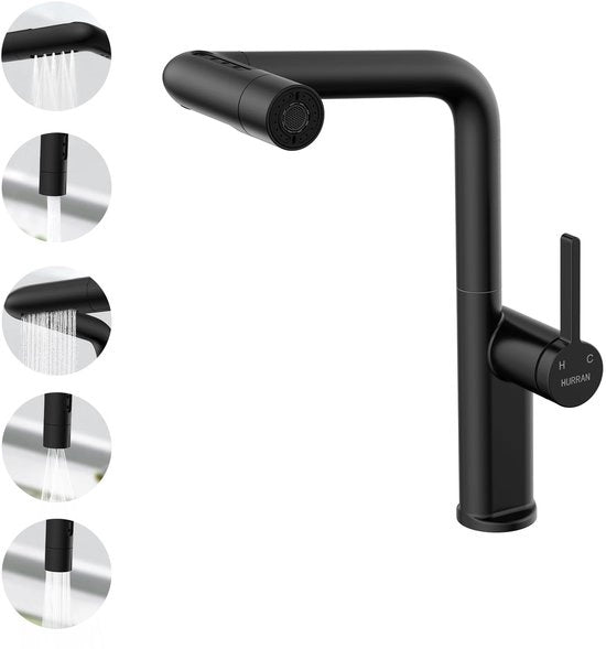 Cranio cottura con spruzzatore estendibile, cranio cottura a 5 posizioni di scarico, maniglia rotativa 360°, maniglia unica, nero matte