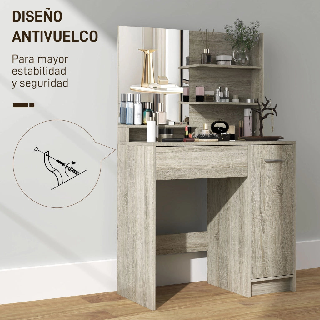 Cassettiera per trucco con specchio e sgabello ¨C zephmum ¨C naturale e beige