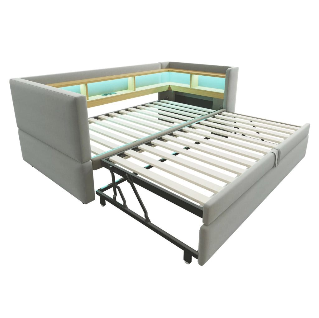 Divano letto imbottito con vani contenitore, LED, prese e struttura salvaspazio