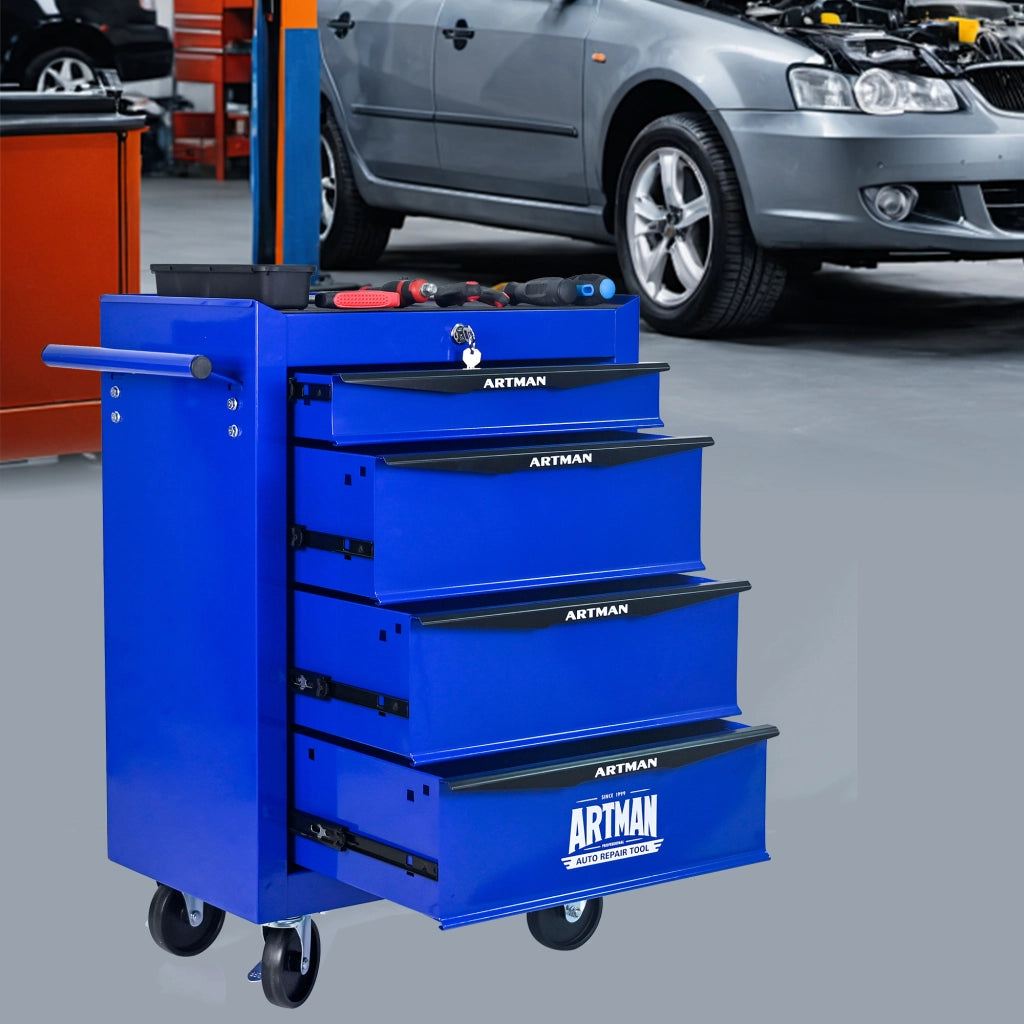 Cassettiera con ruote in acciaio con 4 cassetti e guide a sfere per garage e officina nero blu 60 × 33 × 77,5 cm