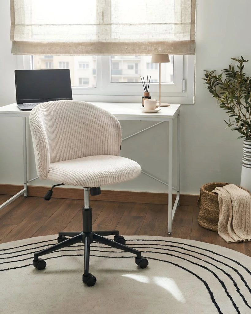 Sedia da ufficio Seduta e schienale in velluto a coste bianco sporco Sedia da scrivania girevole per computer Altezza regolabile Moderna per l'home office
