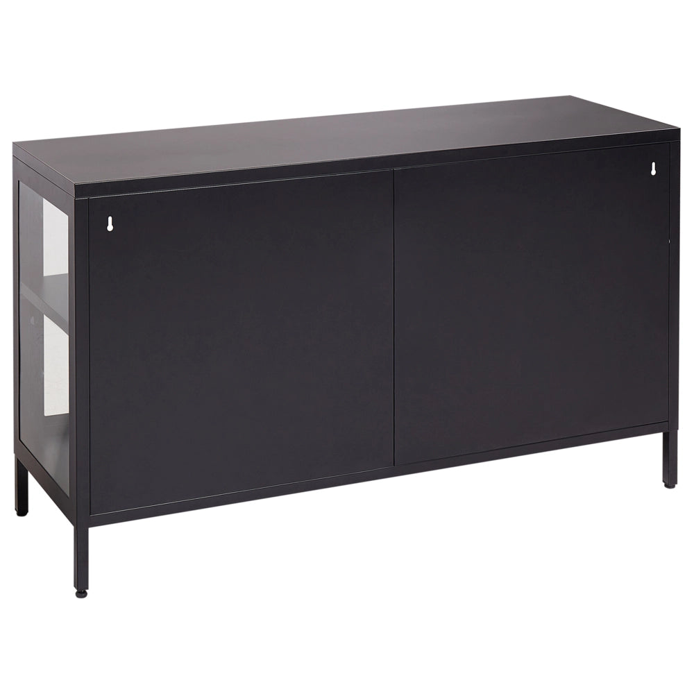Credenza a 3 ante in acciaio nero con vetro temperato, ripiani regolabili, tappi per le gambe, mobili per il soggiorno dal design moderno.