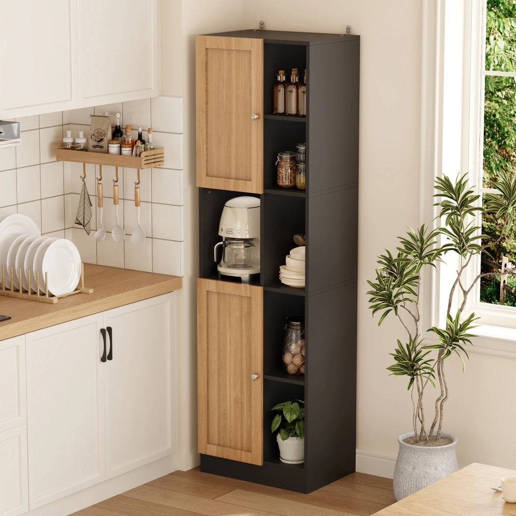 Armadio angolare alto da cucina con 6 ripiani aperti, 2 ante e ripiani regolabili 50x35,5x170 cm nero/naturale