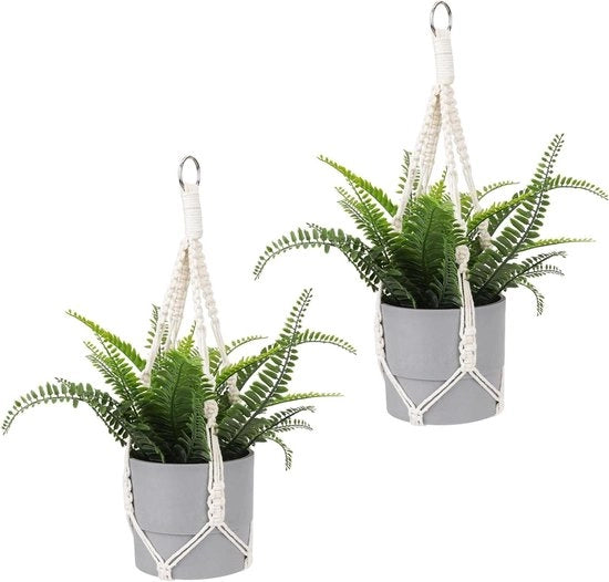 Due plantari a macramé boho | Vasi per piante appesi | Decorazioni in corda di cotone intrecciata | Con anelli di metallo | Per decorazione interna ed esterna | Senza spilli