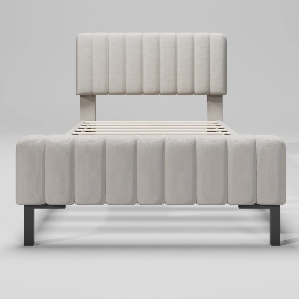 Letto singolo imbottito – 90x200 cm – testiera regolabile rete – lino grigiobeige