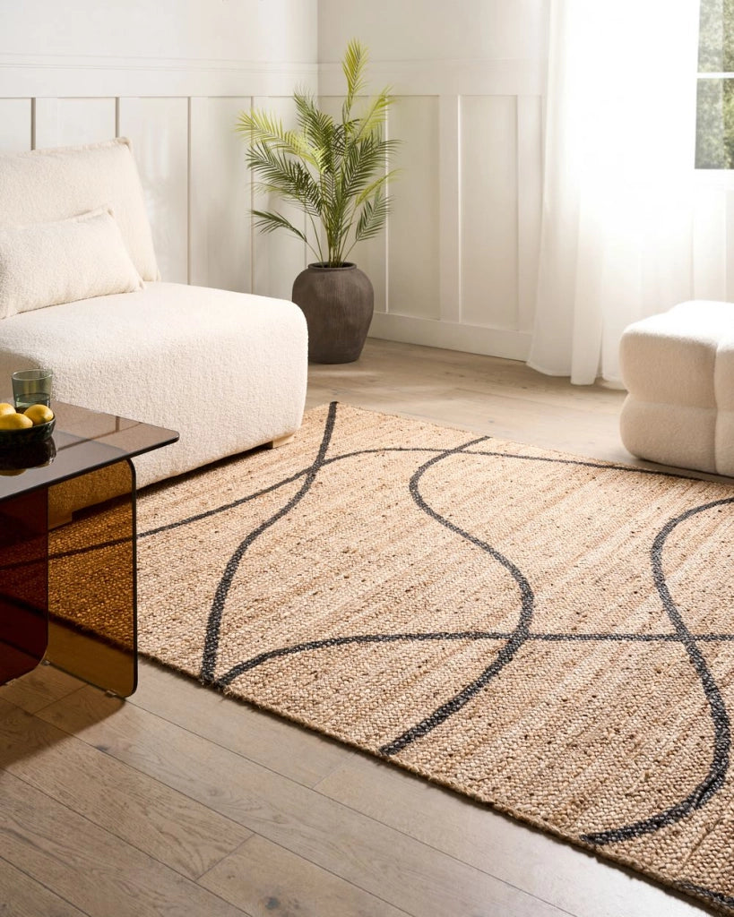 Tappeto in juta beige 160 x 230 cm con motivi decorativi rettangolare tessuto stile rustico per soggiorno e camera da letto