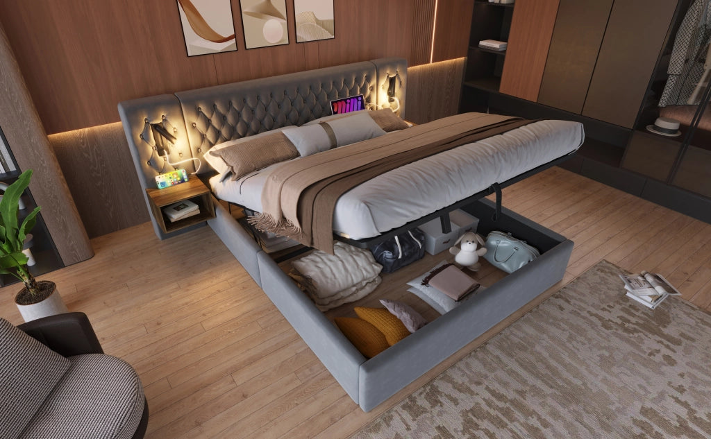 DESMIU Letto contenitore 180 × 200 cm 2 posti con 2 comodini, luce lettura, USB e Type-C, senza materasso, in velluto grigio