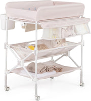 Fasciatoio Pieghevole Neonato, Fasciatoio Portatile con Altezza Regolabile, Comodino per Pannolini con Ruote di Bloccabili, 2 Ripiani, Porta Asciugamani, Cestino di Rifiuti (Beige)