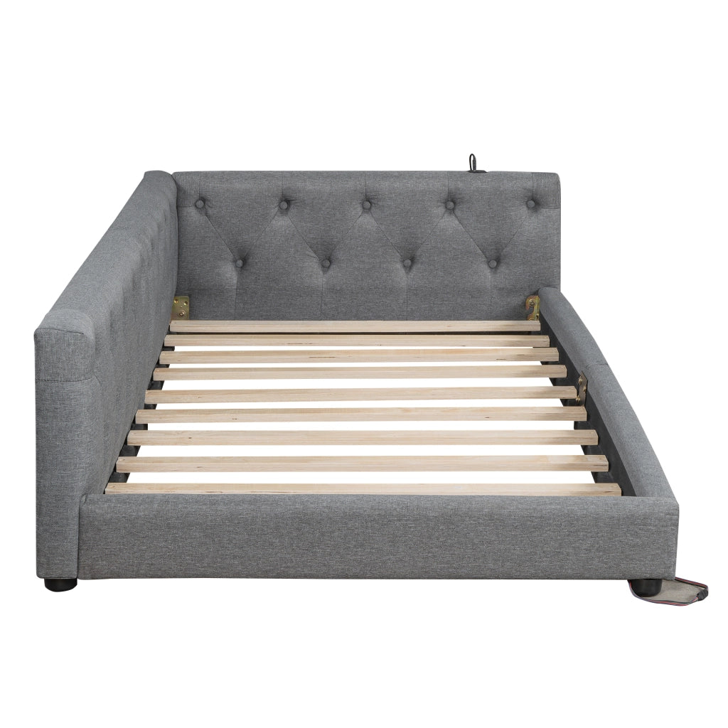 Divano letto 90 × 200 cm 1 piazza con USB, Type-C e LED, senza materasso, in lino, grigio