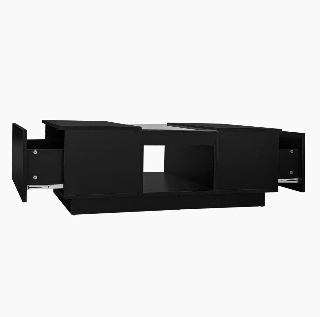Tavolino 100x50x35，5 cm nero con vetro， LED e app， 2 cassetti