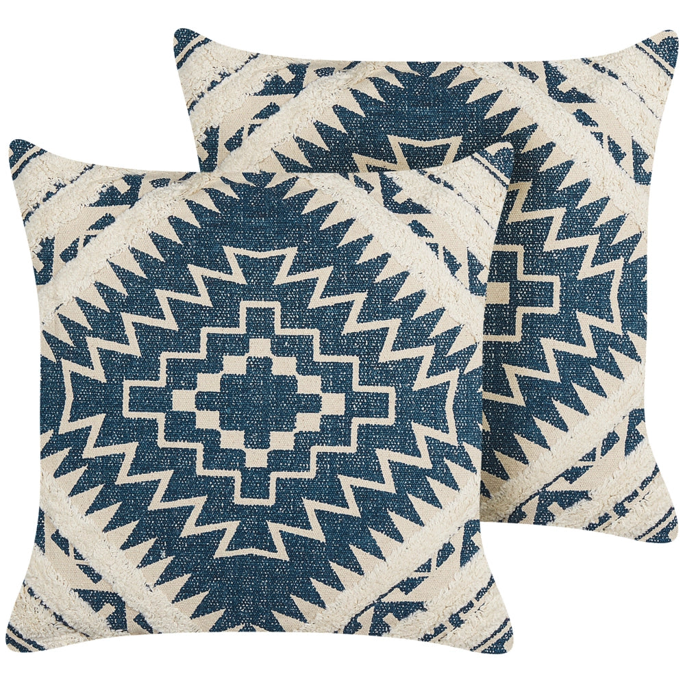 Set di 2 cuscini decorativi blu e beige cotone 50 x 50 cm motivo geometrico stampa boho decor accessori