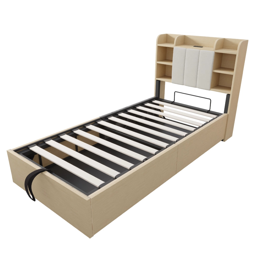 LETTO Contenitore Idraulico 90x200 cm MDF Colore Legno Naturale con USB e USB-C