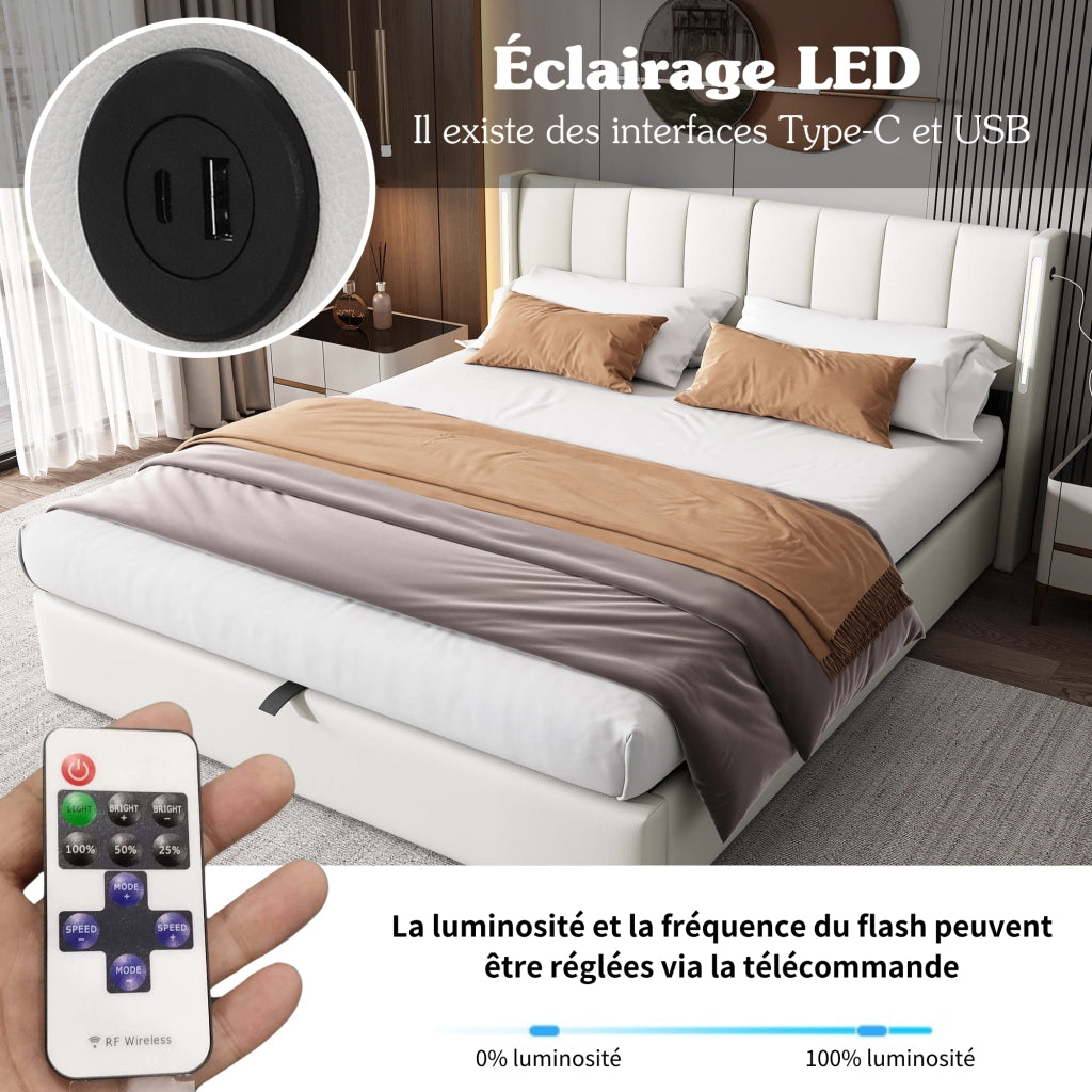 Letto Contenitore 140x190 cm; Letto Matrimoniale - USB; LED; Type-C - in PU - Bianco