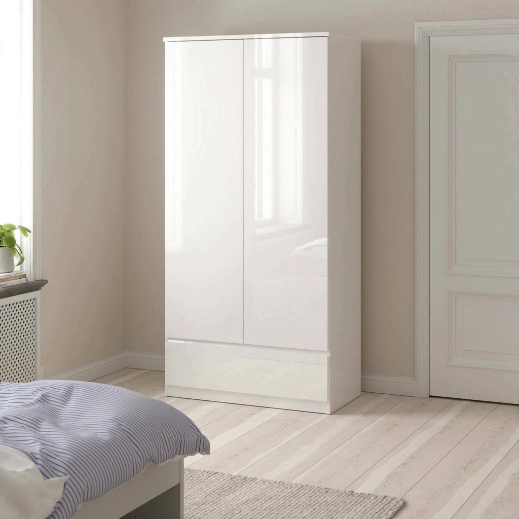 Guardaroba 2 ante Kab, Mobile camera da letto, Cabina armadio portabiti, Armadio appendiabiti, 99x50 h201 cm, Bianco lucido