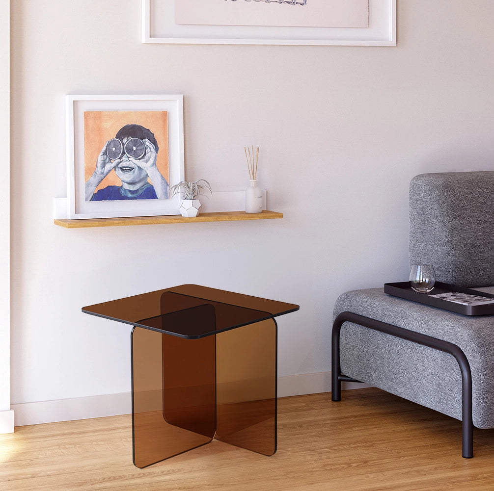 Tavolino laterale in vetro temperato marrone curvato 45x45x51 cm trasparente