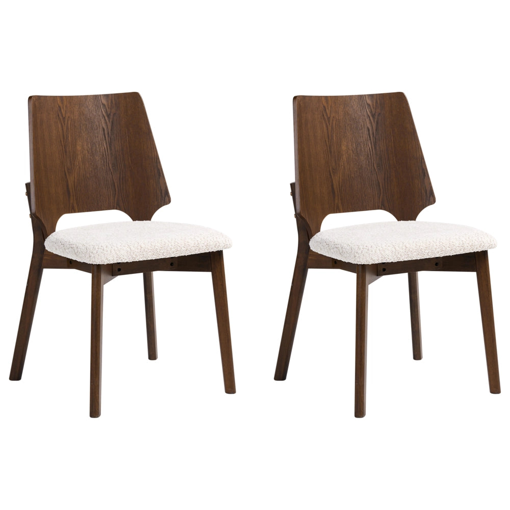 Set di 2 sedie da pranzo marroni e beige chiaro in compensato bouclé con gambe in legno di gomma senza braccioli stile retrò tradizionale