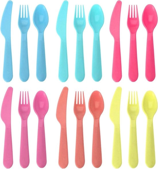 Set di utensili in plastica riciclabile da 18 pezzi - leggero - resistente a lavastoviglie e microonde - ideale per viaggi e uso all'aperto - design colorato