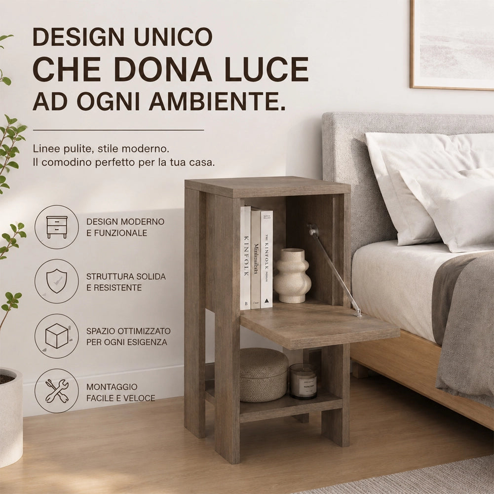 Comodino Mobiletto 2 Ripiani con Anta Ribalta Tavolino Design Moderno Rovere