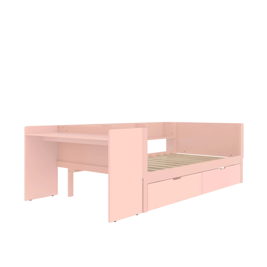 Letto singolo 90x200 cm con scrivania, 2 cassetti e 3 mensole rosa