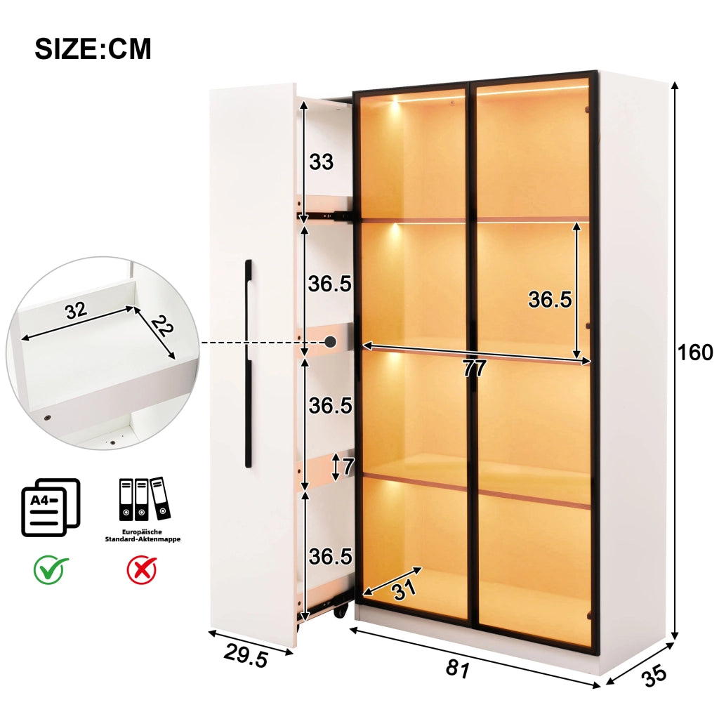 Vetrina LED in MDF 110,5x35x160 cm con anta in vetro colorato e vano laterale estraibile, bianca