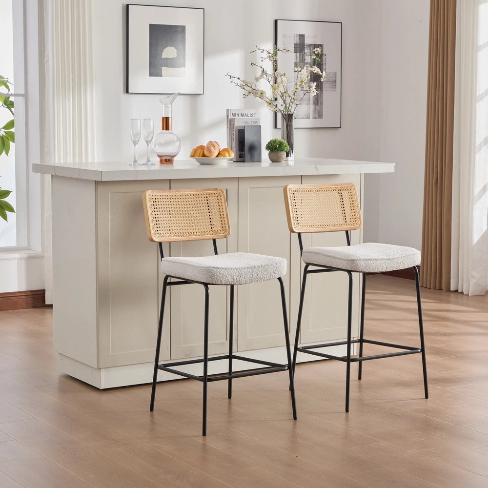 Sgabello da Bar Design ¨C MINIMAL ¨C Velluto Chenille, Schienale Rattan, Gambe Metallo, Avorio