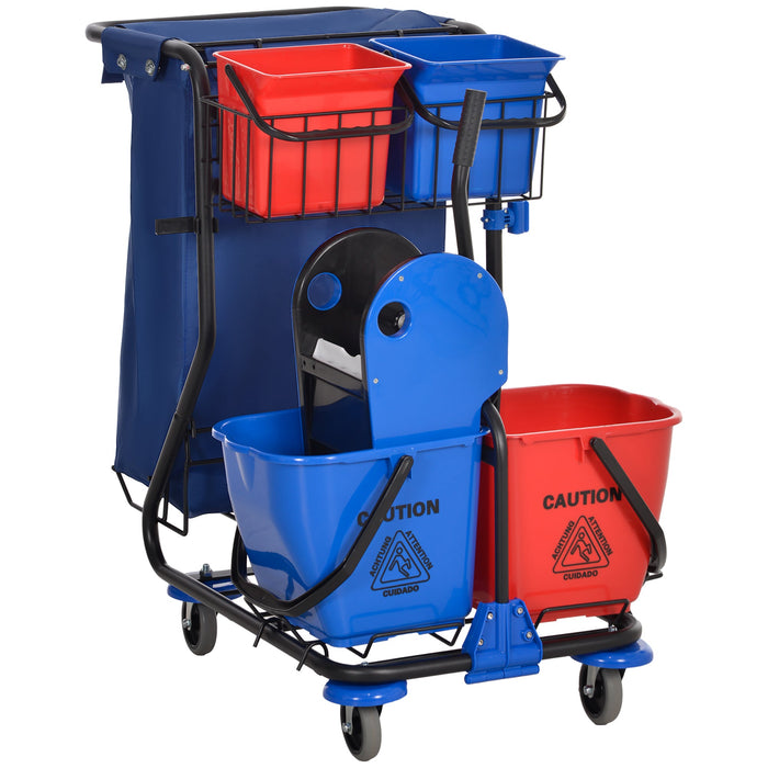 Carrello Pulizie Professionale 4 Secchi Strizzatore e Sacco Rosso Blu e Nero