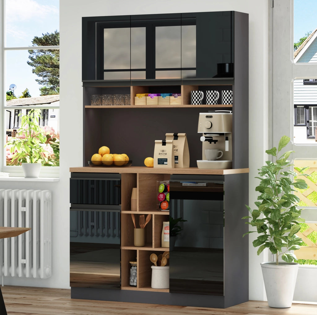 Credenza alta da cucina 105x45x185 cm in MDF antracite e nero lucido con ante e cassetto