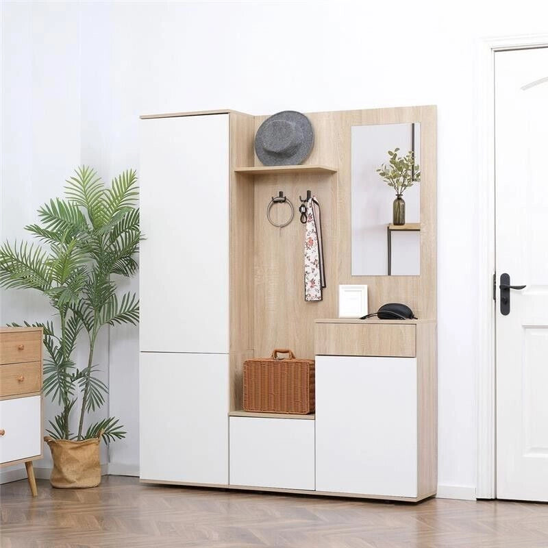 MOBILE DA INGRESSO 4 IN 1 CON SPECCHIO GANCI E RIPIANI 145X29X184 CM BICOLOR