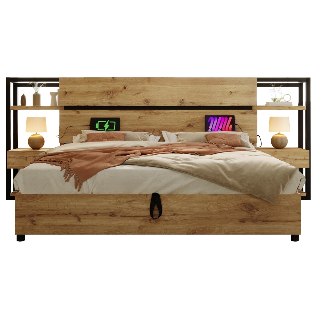 Letto matrimoniale contenitore in stile industriale con ricarica USB e Type-C