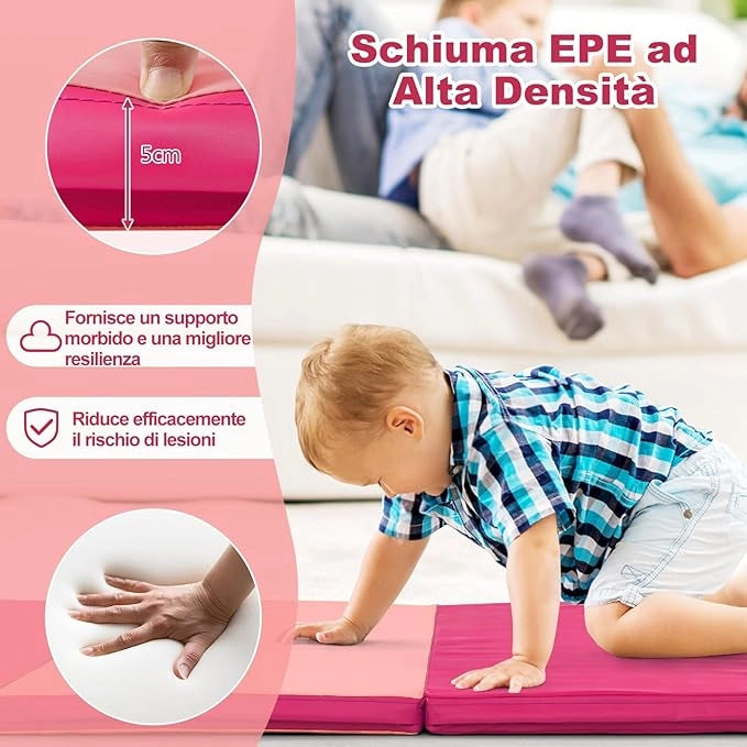 Tappetino Fitness Yoga, 240x120x5 cm, 4 Segmenti Pieghevoli, Materassino da Ginnastica, Impermeabile in Schiuma PU, con Manici, Leggero e Portabile, Trasporto Facile(Rosa)