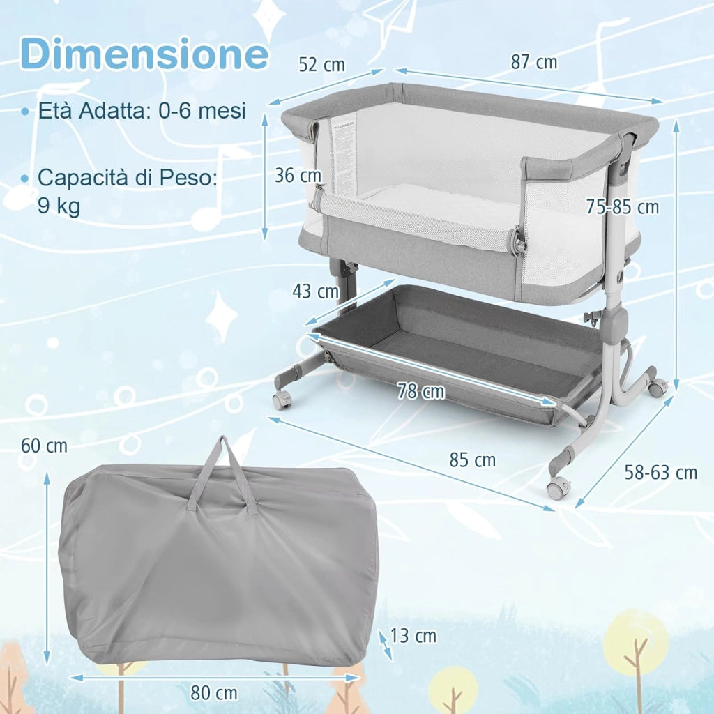 Culla da Affiancare per Neonati, Culla per Bambini con Altezza Regolabile a 6 Livelli, con Mensola Portaoggetti, Materasso e Borsa da Trasporto, per Bambini 0-6 Mesi (Grigio Chiaro)