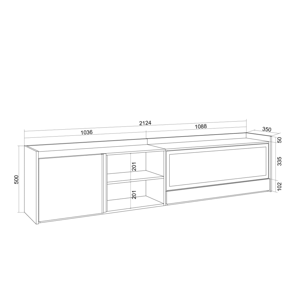 Mobile TV Soggiorno, 212x50x35 cm, Per TV fino a 80", Camino elettrico XXL, Sospeso, da appendere, LED, Nero e rovere