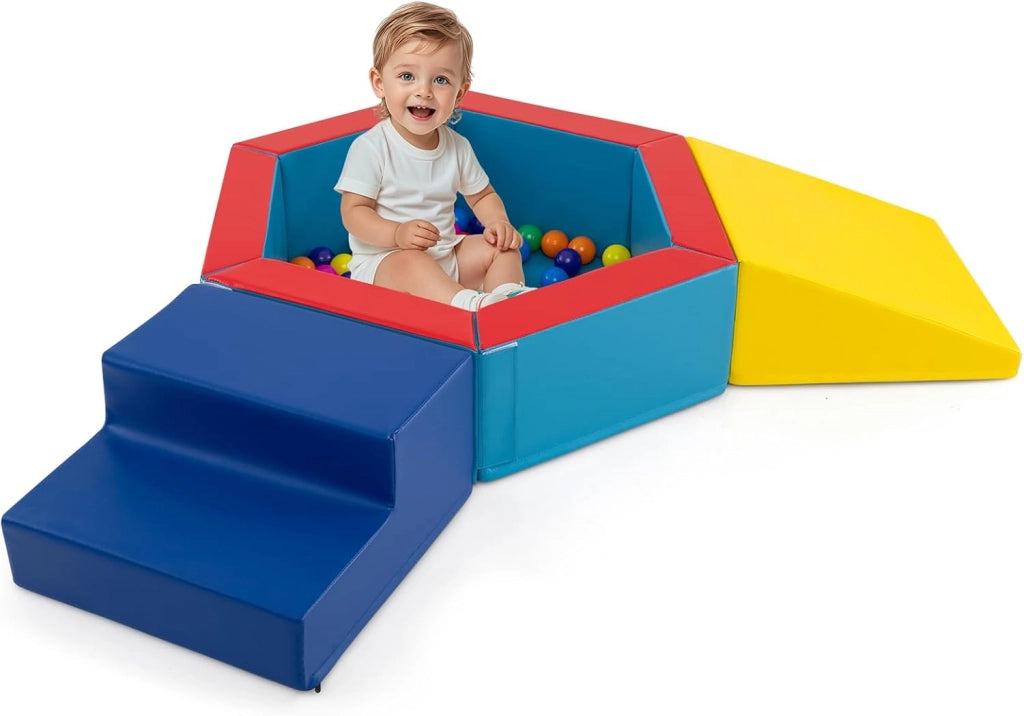 Set di 3 Blocchi da Arrampicata in Schiuma per Bambini, Set Gioco per Interni con Piscina di Palline, Triangolo, Scala e Palline Colorate per Bambini 1+ Anni