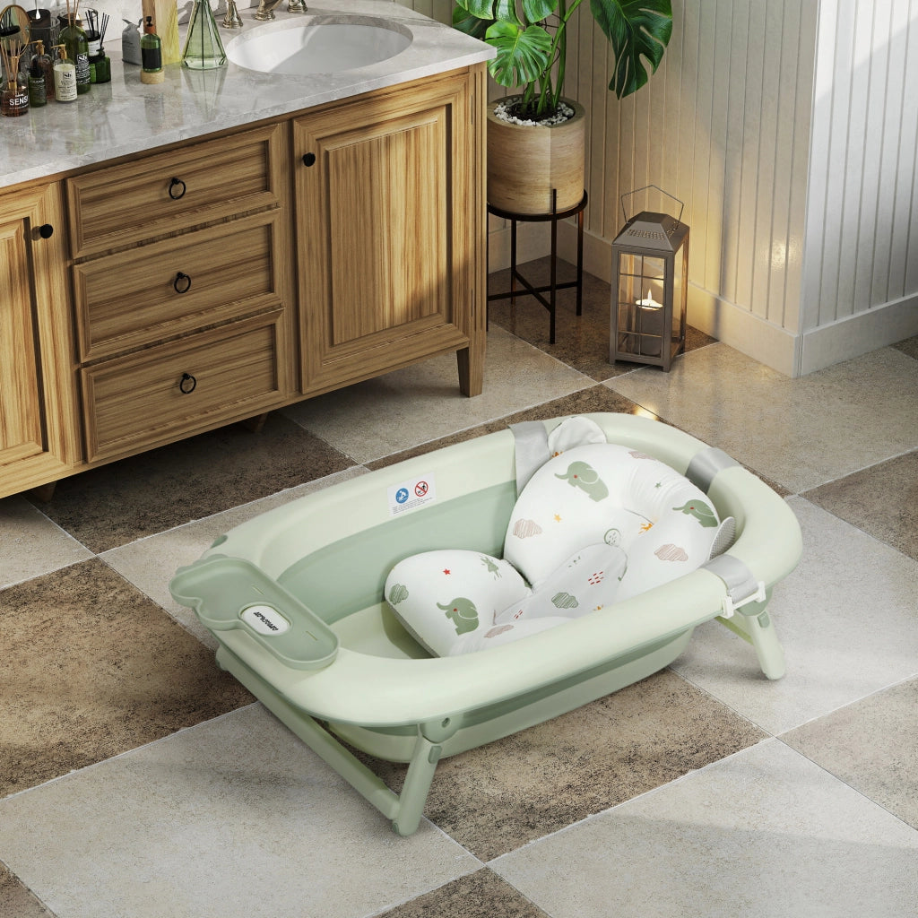 Vasca da bagno pieghevole per neonati ¨C zephmum ¨C verde con cuscino e ripiano
