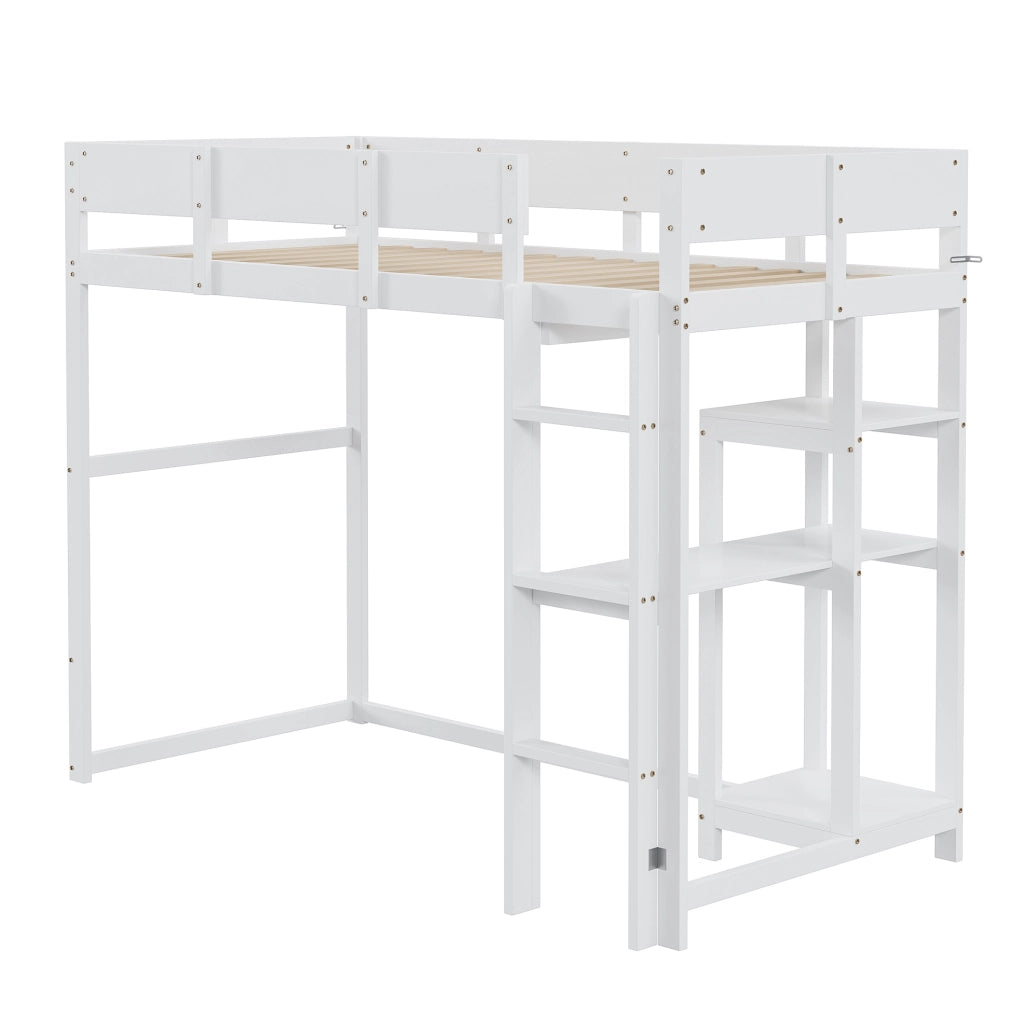 Letto a soppalco ULEVR 90x200 cm con ripiano integrato, sponde di sicurezza e rete a doghe, bianco