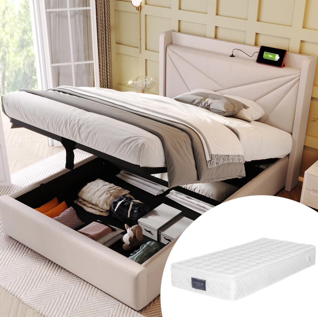 Letto singolo con contenitore e ricarica USB Tipo C 90x200 cm in cotone e lino beige