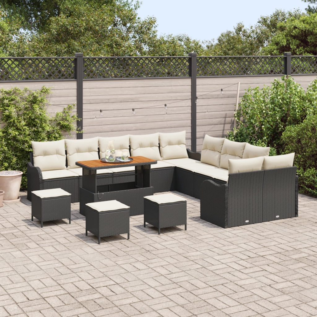Set di divani da giardino  da 14 pezzi con cuscini Nero Polirattan Acacia