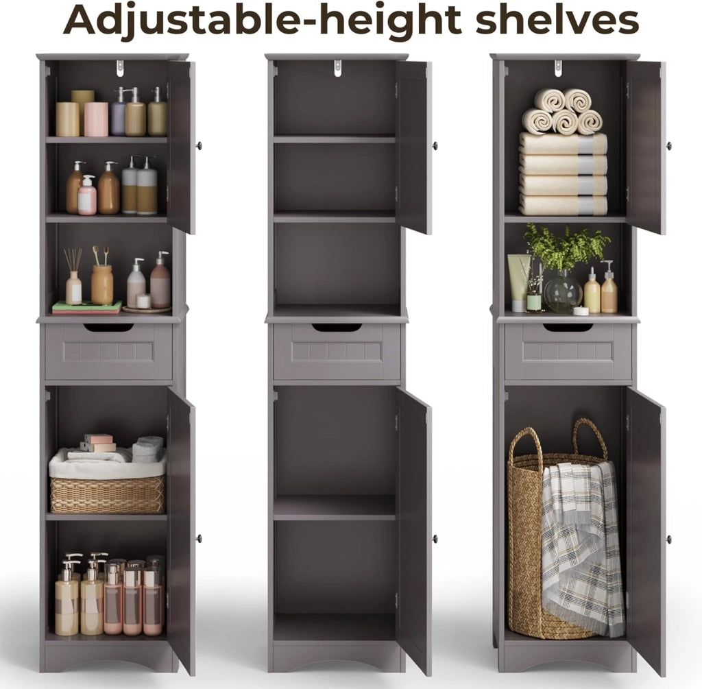 Armadio da bagno alto,Colonna Bagno Stretta con ripiani regolabili, cassetto, scomparto aperto, ante magnetiche e antiribaltamento, 170 x 40 x 30CM Grigio